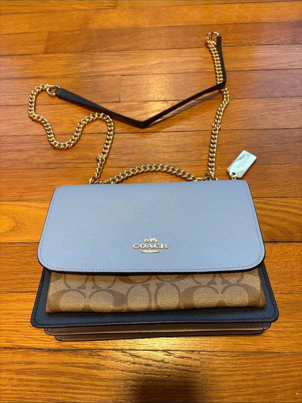 Coach Blue Leather Flap Crossbody with Signature Canvas Panel